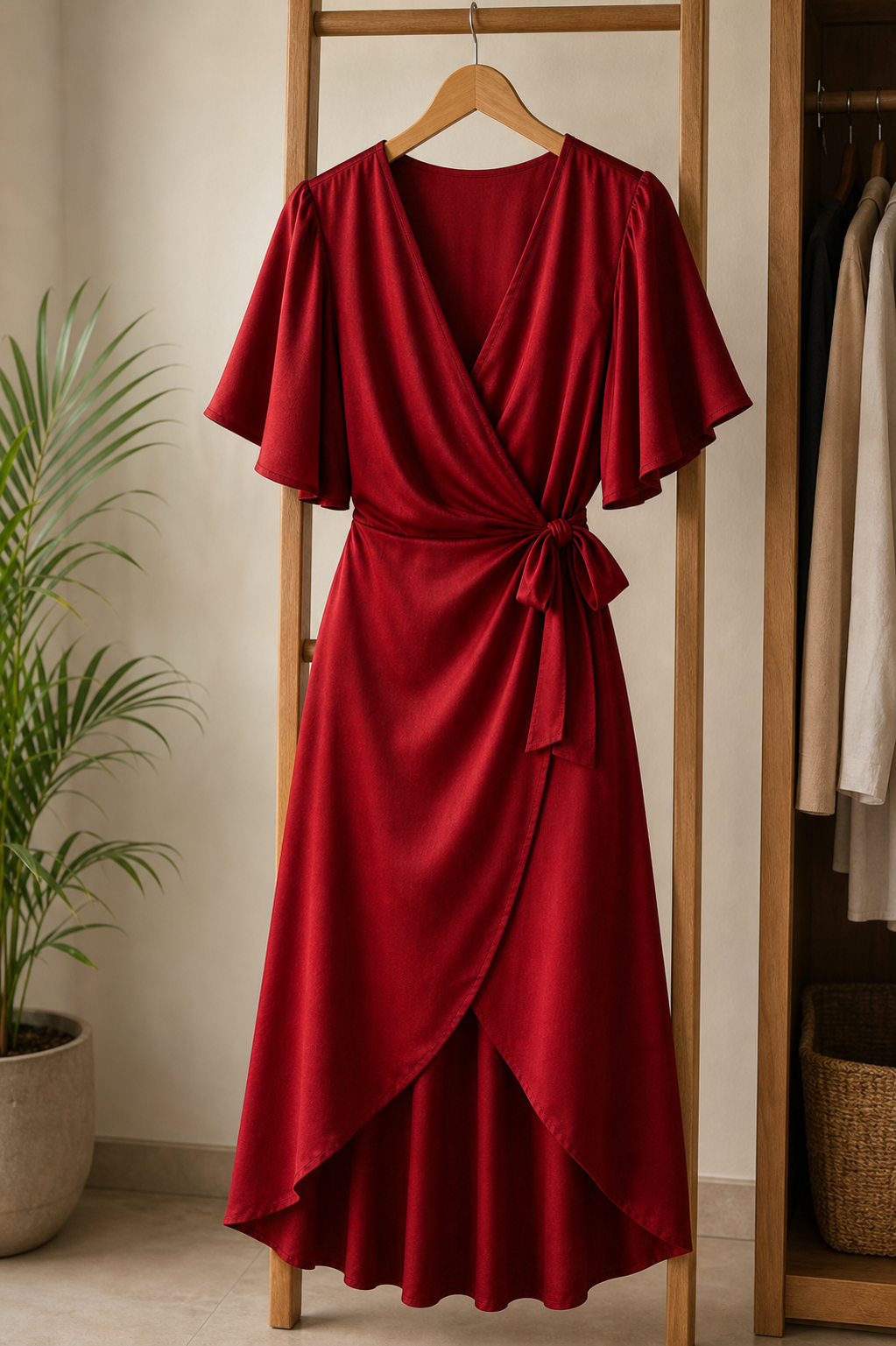 Cherry satin wrap dress
